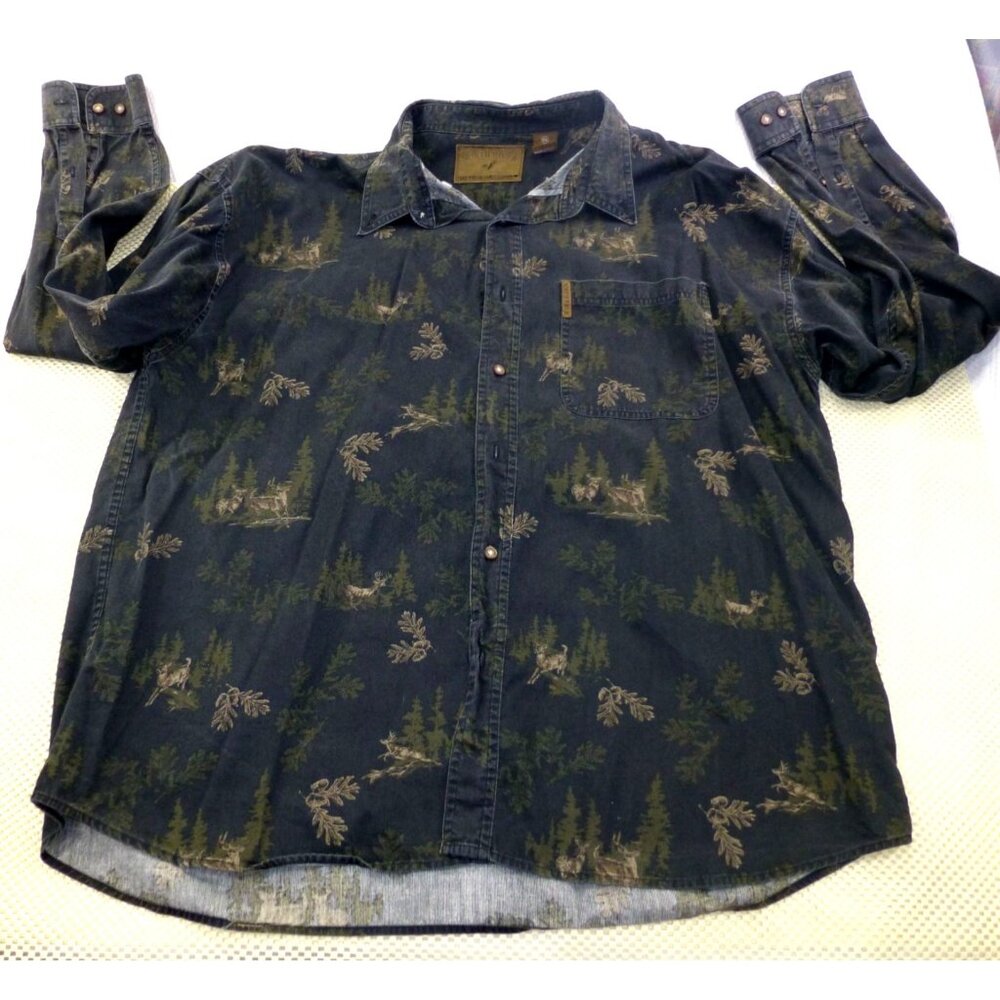 North River Brushed Cotton Deer Black Forest Button Up Shirt XXL Long Sleeve